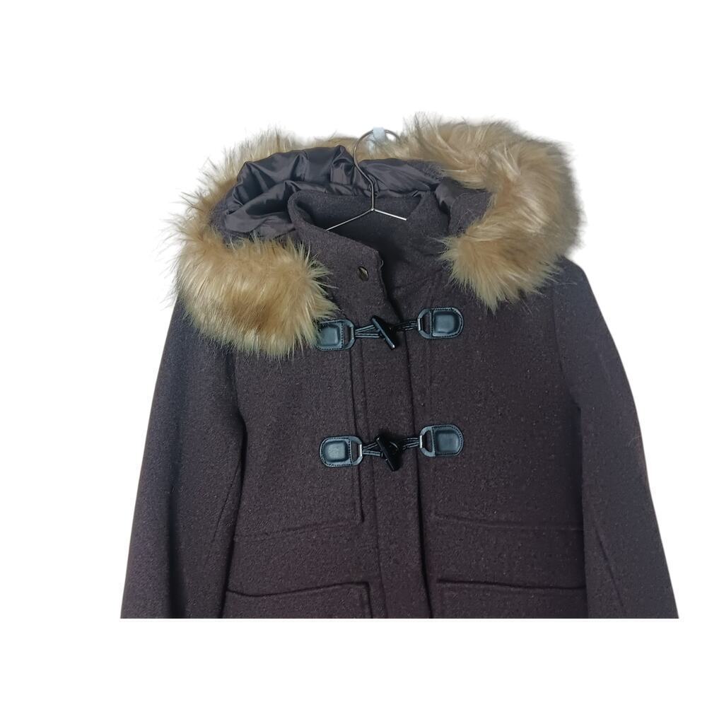 New Coffee Shop Wool Duffle Trench Coat Faux Fur Trimmed Hood XS Brown - Picture 3 of 14